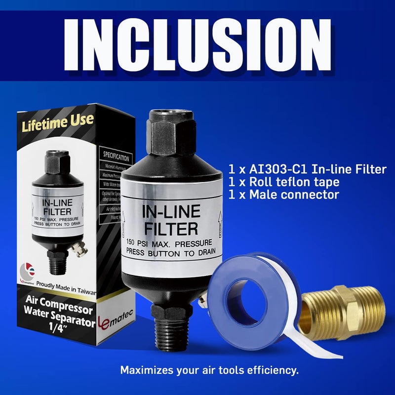 LE LEMATEC فاصل مياه وضاغط هواء LE LEMATEC مع صمام تصريف بزر ضغط، 1/4" NPT مزيل رطوبة متصل لمدفع طلاء HVLP، آلة الرمل، قاطع البلازما - AI303-C1 - Image 5